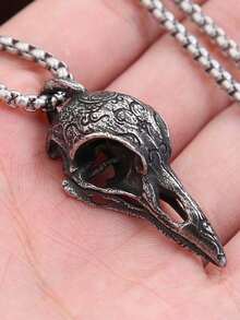 GuoShuang 1pc Vintage Raven Skull Bone Necklace Pendant, Unisex Personalized Gift Decoration - 古董銀 2 - 查看 6
