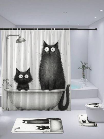 1 Set Cartoon Cat Pattern Shower Curtain, Waterproof Polyester Material, Modern Minimalist Style Home Decor Shower Curtain Set, Toilet Lid Cover, U-Shaped Mat, Anti-Slip Bath Mat, With 12 Hooks Back To School Bathroom Decor