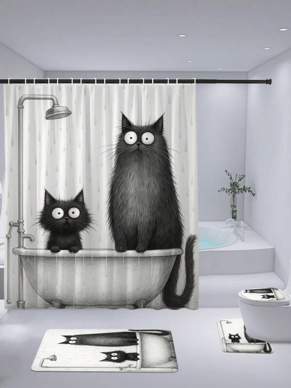 1 Set Cartoon Cat Pattern Shower Curtain, Waterproof Polyester Material, Modern Minimalist Style Home Decor Shower Curtain Set, Toilet Lid Cover, U-Shaped Mat, Anti-Slip Bath Mat, With 12 Hooks Back To School Bathroom Decor
