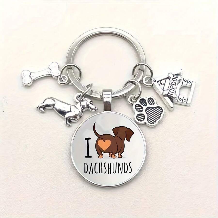I Love Dachshund Dog Keychain Cute Animal Dog Tag Alloy Keychain Ring Wallet Bag Backpack Charm Pet Lover Dog Mom Dad Gift - Silver - View 1