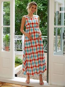 Joyfunear 格纹印花孕妇无袖肩带夏装 - 彩色 - 查看 6