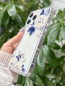 简约蓝白花卉图案时尚手机壳 1 件装 新款简约花卉图案手机壳 兼容 16 Pro Max、11/12/13/14 Plus、XR/7/8 Plus/15 Pro Max，保护套 防水防震防摔防刮花 女士节礼物 花朵 - 無色 - 查看 4