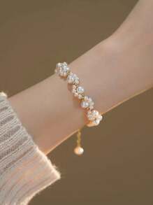 1pc Elegant Faux Pearl Braided Cat Scratch Bracelet, Fashionable Cute Bridal Accessory Gift For Friends, Mother