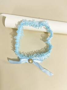 1pc Elegant Lace Elastic Garter, Rhinestone Bow & Faux Pearl Decor Thigh Chain, Bridal Leg Garter, Blue Wedding Accessory