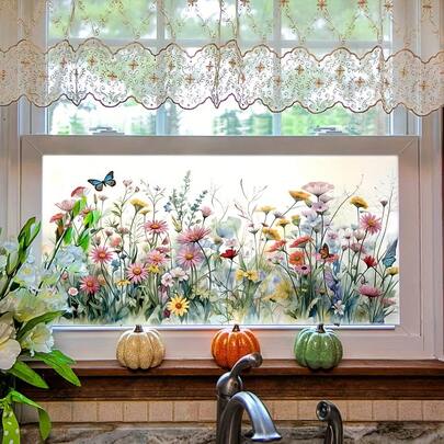 1pc Vibrant Floral & Butterfly Window Cling Decal - Static Cling, Removable PVC Material, Waterproof & Mildew Resistant, Suitable For Walls, Cabinets, Fridges & Other Smooth Surfaces - Ideal For Christmas, Weddings, Valentine's Day, Thanksgiving, New Year And Room Decor