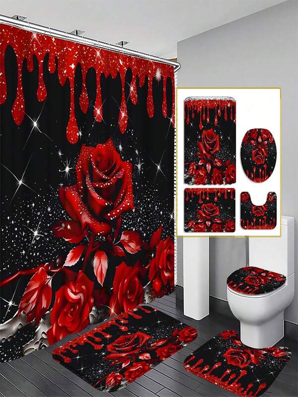 1/3/4 Pcs Floral Shower Curtain Set, Elegant Housewarming Gift, Modern Home Decor, Shower Curtain & Bathroom Mat 3 Pcs Set, Includes 12 Shower Curtain Hooks Bathroom Decor