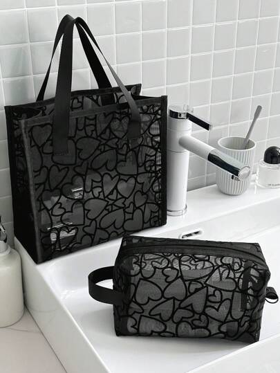 1pc/3pcs Flocked Love Cosmetic Bag, Large Capacity Transparent Mesh Cosmetic Bag With Handle, Portable Makeup Brush Storage Bag Travel Toiletry Hollow Bag Lipstick And Coin Purse Makeup Storage Summer Travel Essentials For Beach Vacation Holiday School Supplies Dorm Essentials Back To School Bag Beach Bag School Stuff Bag For School Wash Bag Travel