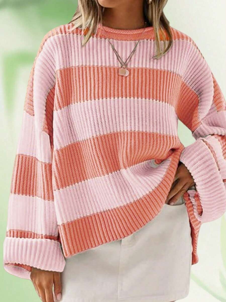 Women's Casual Oversized Contrast Striped Pattern Drop Shoulder Loose Knit Sweater - Baby Pink - View 1