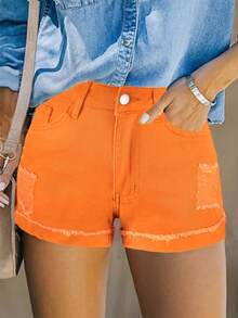 Pantalones cortos de mezclilla desgastados de unicolor con estilo retro, apropiados para el verano - Naranja - Ver 1