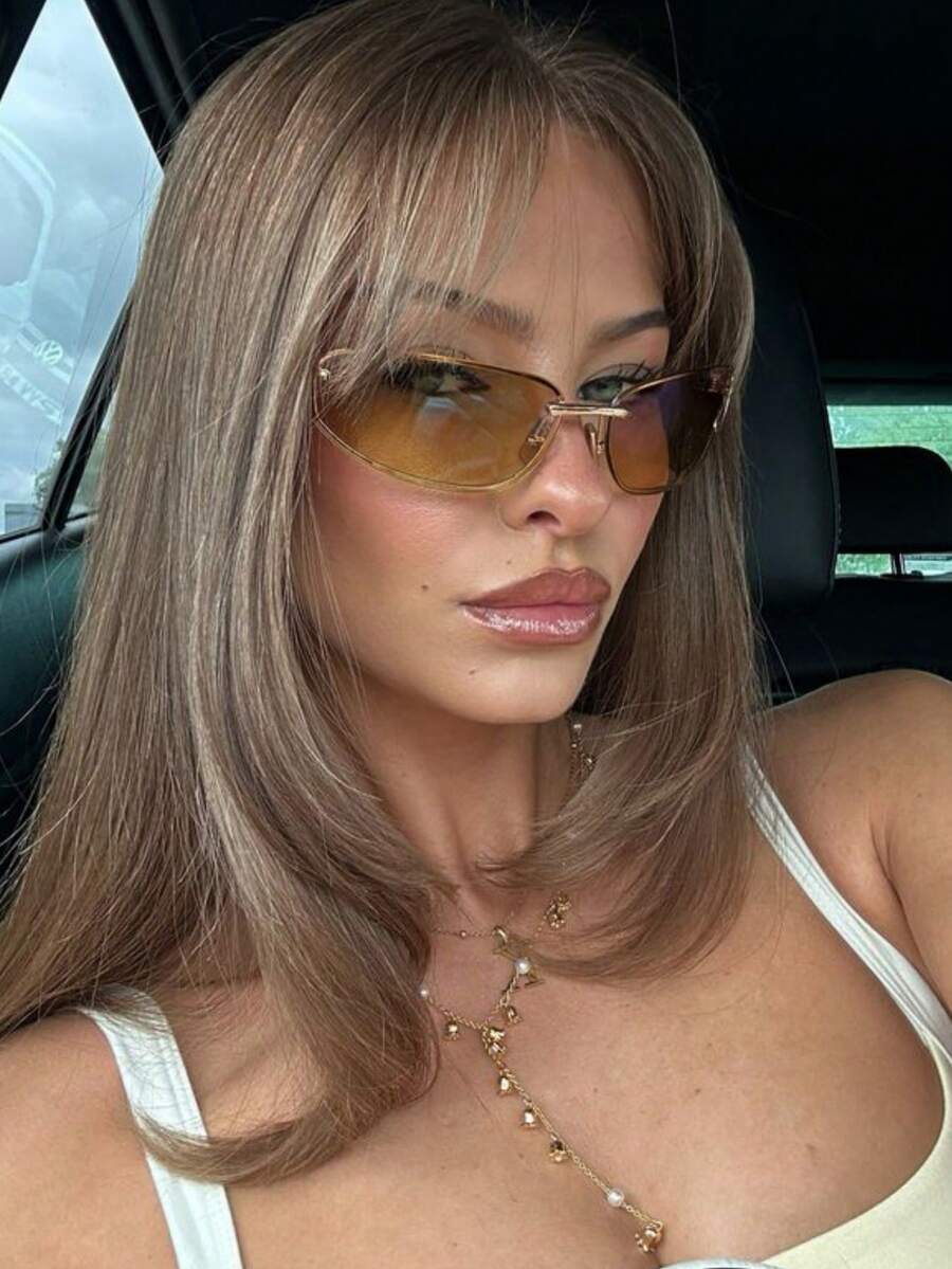 1PC European And American Summner New Y2K Sexy Girl Fashion Glasses, Letter Integrated Fashion Glasses, Y2K Slim Fit Wrap Around Fashion Glasses Beach Accessories For Women Glasses Shades Preppy Style For Back To School Wrap Shape Temple Decor - 茶色 - 查看 1