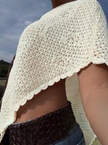 ملابس علوية كاجوال صيفية كبيرة الحجم للنساء ذات لون أحادي وطبعة حرف محظوظ بأكمام خفافة، ملابس علوية محبوكة شبكية مفرغة مناسبة للعطلات والشاطئ مع حافة غير متماثلة