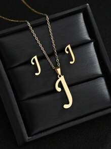 1 Set A-Z Stainless Steel Initial Necklace And Stud Earrings Jewelry Sets Alphabet Letter Pendant Chain Accessories Gifts