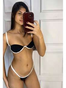 Biquinis com Detalhes Contrastante   Simples  Bloco de cores    elegante  Casual    Strass  Cintura contrastada    Biquinis  Palco e Concerto