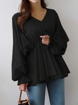 Plusstorlek Dam Casual V-ringad Blus med dragsko i midjan, Asymmetrisk blus med lätt, andningsbart tyg, Casual långärmad skjorta med lanternärm, Lämplig för pendling/vardagsbruk, Vår/Sommar