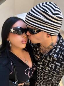 2 件 Y2K 未来派五角星环绕运动时尚眼镜，适合日常佩戴、街头风格、海滩、度假的时尚配饰 - 2pcs(黑色+黑色) - 查看 3