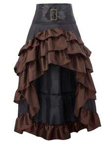 Women Steampunk Skirt Tiered Ruffle Hem High Low Skirt Victorian Medieval Clothes Halloween Gothic Costume - màu nâu - Xem 4