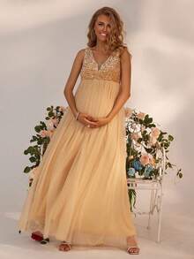 Joyfunear Maternity Sequin Contrast Mesh High Waist Sleeveless Maxi Dress - Gold - View 1
