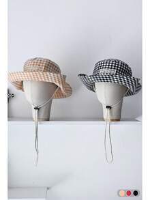 1 件休闲格子刺绣可调节渔夫帽，蕾丝蝴蝶结设计，大帽檐，女士夏季防晒帽 - 蝴蝶結布標格子 - 查看 10