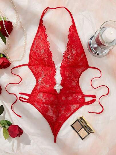 1 Stück Damen sexy Bauchfrei Verführung Spitzen-BH mit Strass-Herzform Neckholder Dessous, Rave