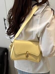 优雅女士单肩包 - 复古金色金属配件搭配简约纯色PU通勤钱包。颜色：黑色/白色/紫红色/黄色。百搭的上班/周末托特包，适合办公室、购物和日常时尚。 - 彩色 - 查看 1