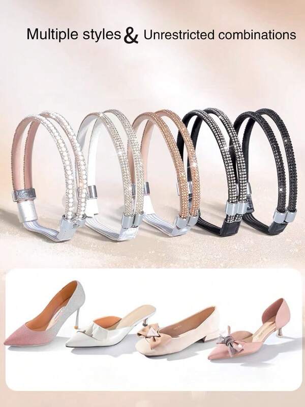 1 Pair Of Elegant Satin Rhinestone Shoelace Set, High Heels, Slippers With Elastic Shoelaces, No Need To Install, Anti Drop Heel, Fashionable Diamond Design, Slippers Instantly Become Sandals, A Must-Have For Women, No Need To Change Shoes When Going Out. (Comes With A Stable Anti Slip Sticker)
