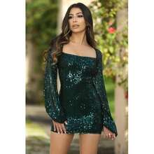 Emerald Green Sequin Mini Dress With Long Sleeves And Open Back Detail - XL - View 1
