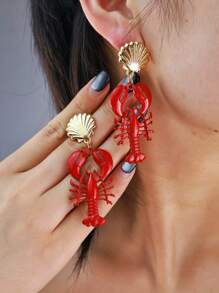 1 pièce Nouvelles boucles d'oreilles à tige uniques de style européen et américain avec coquillages, petits écrevisses rouges, bijoux d'oreille personnalisés avec motifs d'animaux marins
