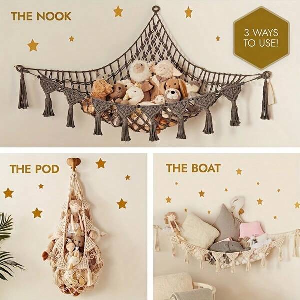 Hamac en macramé extra large pour animaux en peluche, filet de stockage en bois de chêne fini Boho DreamLights, pour peluches et petits jouets