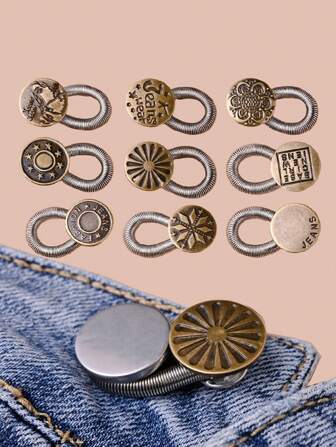 9pcs Retro Elastic Waist Extender, Adjustable Waistband Stretcher For Pants, Removable Multi-Function Jeans Button, Suitable For Men And Women, Solid Color Zinc Alloy