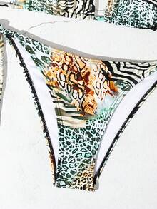 性感露背细肩带女士泳衣，性感豹纹系带比基尼套装，欧美流行泳装，夏季海滩度假必备 - 青碧色 - 查看 4