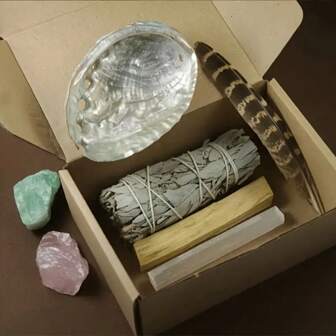 7 pièces Kit de Sauge Blanche Incense, incluant des bâtonnets de sauge, cristaux, plume, Palo Santo, baguette de cristal et coquille d'abalone, pour la décoration de la maison, Thanksgiving, décorations de fête de Noël, purification de la maison et méditation, cadeau