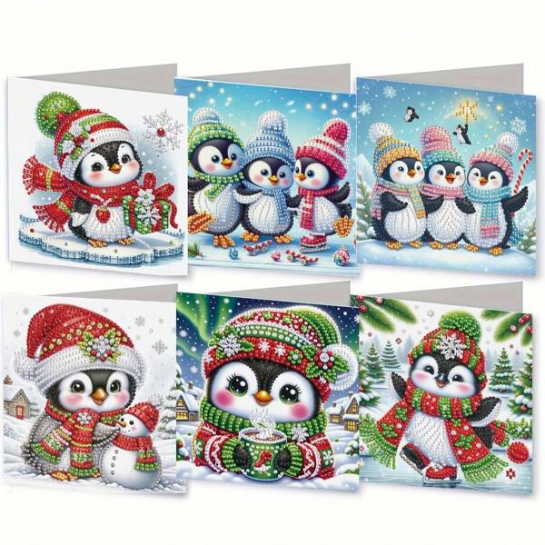 Kit com 6 cartões de felicitações com pintura de diamante para o Natal - Designs exclusivos para o feriado com bonecos de neve, Papai Noel e votos de felicidades | Perfeito para família, amigos e idosos | Artesanato artesanal faça você mesmo | 11,81 x 5,91 polegadas