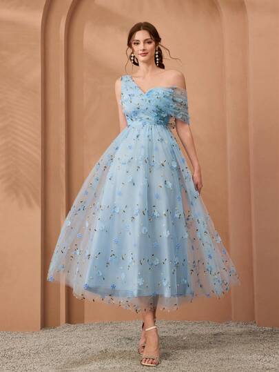 Vestido de dama de honor largo, asimétrico, con bordado floral 3D, romántico, de un solo hombro, elegante, fruncido, color lila, nueva llegada, Mgiacy