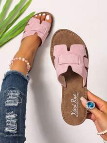 女士休闲平底一脚蹬凉鞋，编织罗马风格露趾拖鞋，适合春夏季，时尚平底凉鞋，可搭配连衣裙、海滩、户外，棕色 - 粉色 - 查看 1