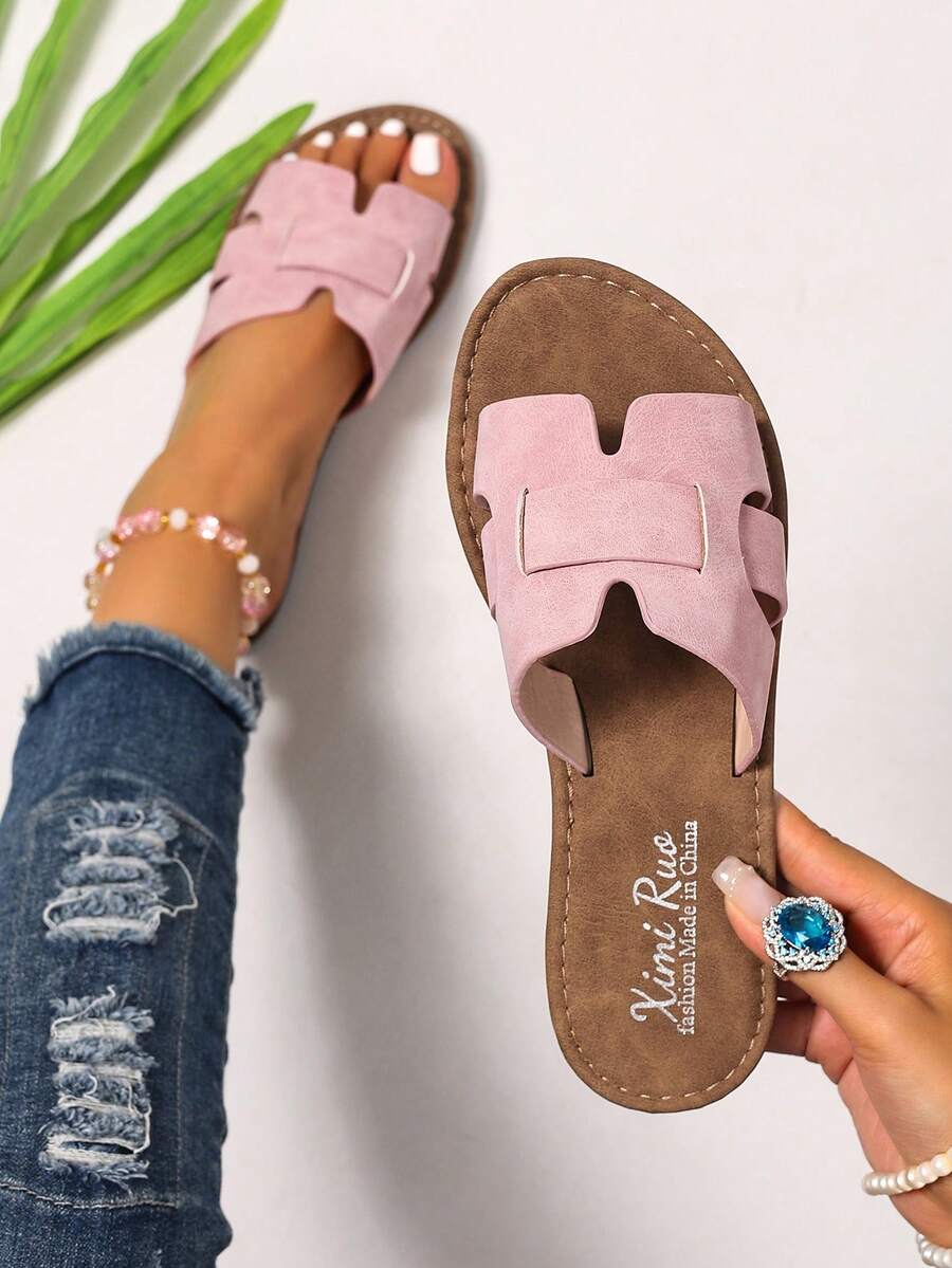 女士休闲平底一脚蹬凉鞋，编织罗马风格露趾拖鞋，适合春夏季，时尚平底凉鞋，可搭配连衣裙、海滩、户外，棕色 - 粉色 - 查看 1