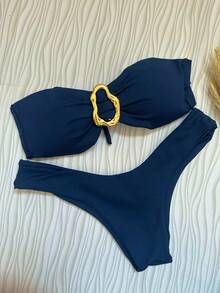 Navy Blue Strapless Bikini Top With Removable Pads Elegant Casual Knot Ring - Navy Blue - View 5