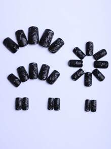 24 piezas de uñas postizas acrílicas cuadradas medianas de color negro mate con textura 3D de alta calidad, líneas asimétricas, uñas de verano de ambiente simple diario, regalos para chicas, accesorios esenciales para banquetes, con 1 pieza de lima y 1 pieza de pegamento de gelatina