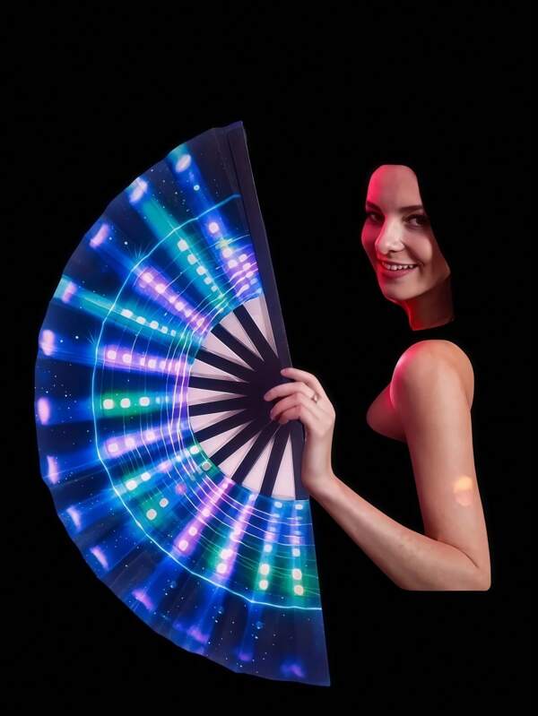 13-inch blauw licht holografische opvouwbare ventilator, geschikt voor muziekfestivals, lichtgevend ontwerp, hoogwaardige coating - perfect voor nachtclubs, wilde feesten, buitenevenementen, feesten bij warm weer en verkoeling (lichtgevende details)