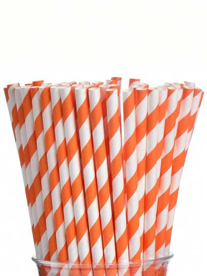 100 Orange And White Striped Paper Straws, Disposable Drinking Straws For Halloween, Bridal Shower, Birthday, New Year, Party Decoration Supplies, School Supplies