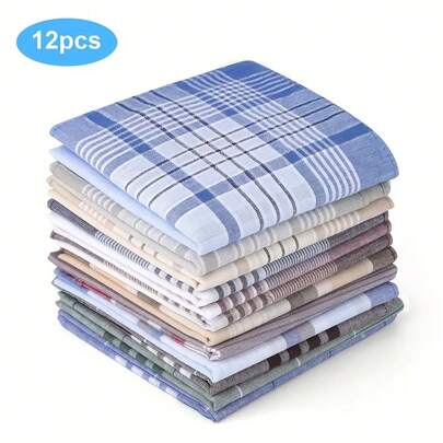12-Piece Men's Cotton Handkerchief - Soft And Elegant With Geometric Check Patterns, Available In Multiple Colors, Made Of High-Quality Cotton, Suitable For Wedding, Dance, Party, Father's Day And St. Patrick's Day Gifts