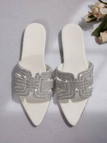 时尚休闲露趾尖头玻璃水钻平底舒适女式拖鞋凉鞋 - 白色 - 查看 7