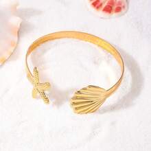 1pc Ocean Elements Stainless Steel Starfish & Seashell Bangle Bracelet, Suitable For Women Everyday Wear