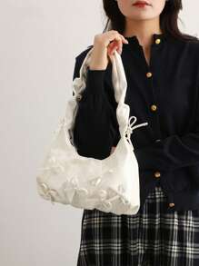 Bolso de hombro elegante para mujer con decoración de lazo de perlas, bolso de mano minimalista de unicolor de piel sintética (PU), bolso cruzado en forma de luna dulce, adecuado para compras, regalo, escuela, ir al trabajo