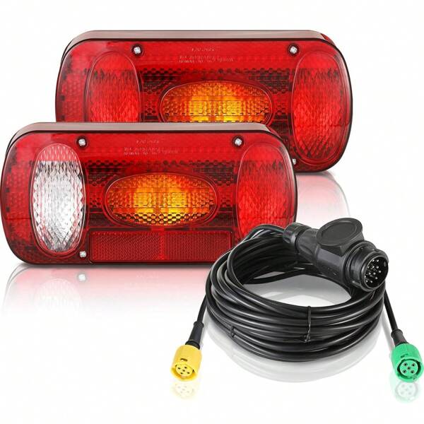 Anhänger Rückleuchten Set, Rücklicht Anhänger Beleuchtung 13 polig 12V Anhängerbeleuchtung Rücklichter mit 6 Funktionen, 2 * 5.5m Kabelsatz und E-Geprüfte