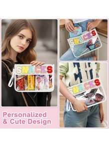 Fashionable Snack Storage Bag, Outdoor Travel Cosmetic Bag, Portable Women's Clutch Bag Storage Bag, Letter Printed Makeup Bag, PVC Waterproof Portable Cosmetic Storage Bag Toiletry Bags Summer Travel Essentials For Beach Vacation Holiday School Supplies Dorm Essentials Back To School Purse Travel Accessories Summer Beach Bag Tote Bag Wallet MakeUp Bag Car Accessories Travel Must Haves School Accessories Stuff Back To School Supplies