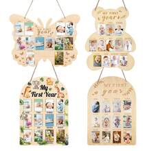 1 pieza Exhibidor de foto de hitos del primer año del bebé, placa conmemorativa del crecimiento de recién nacido mensual - Marco de fotos para colgar en la pared de madera, decoraciones para fiesta de baby shower, decoración de habitación, regalos para fiestas para niños, decoración de guardería (43*30cm/17*12in), incluye cinta y cuerda