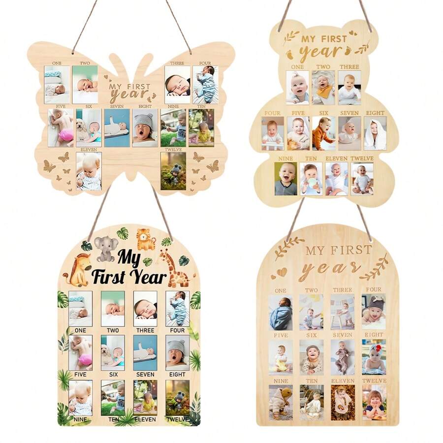 1 pieza Exhibidor de foto de hitos del primer año del bebé, placa conmemorativa del crecimiento de recién nacido mensual - Marco de fotos para colgar en la pared de madera, decoraciones para fiesta de baby shower, decoración de habitación, regalos para fiestas para niños, decoración de guardería (43*30cm/17*12in), incluye cinta y cuerda