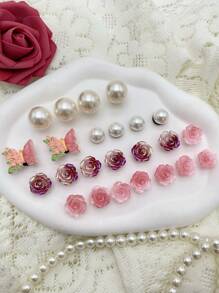24pcs Pink Flower & Butterfly, Pink Ombre Rose, Purple Ombre Rose ABS Pearl Shoe Clips For Women, Multifunctional Sandal, Slipper, Beach Bag Accessories, Suitable For Holidays, Birthday Party Gifts