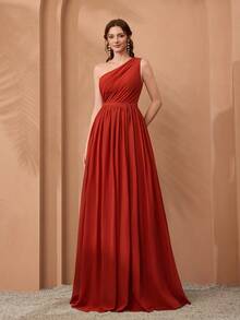 Mgiacy New Arrival One Shoulder Ruched Chiffon Bridesmaid Dress - Burnt Orange - View 3