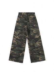 复古美式迷彩牛仔阔腿拖地裤女款，随机件